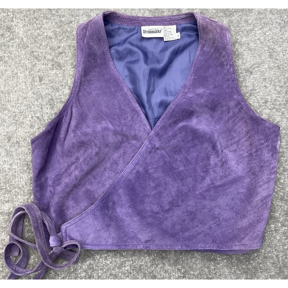 Vtg STYLEWORKS Women's 10 Suede Leather Wrap Vest Lined Purple Boho Prairie 70s